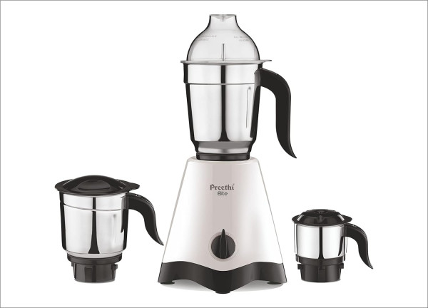 Image of Preethi Plastic Elite Black Mixer Grinder, 600 Watt, White-Black, 3 Jars, 2Yr Warranty &amp; Lifelong Free Service, Standard