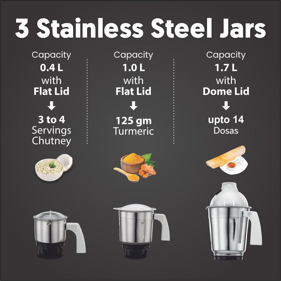 Preethi Popular MG 142 750-Watt Mixer Grinder with 3 Jars White