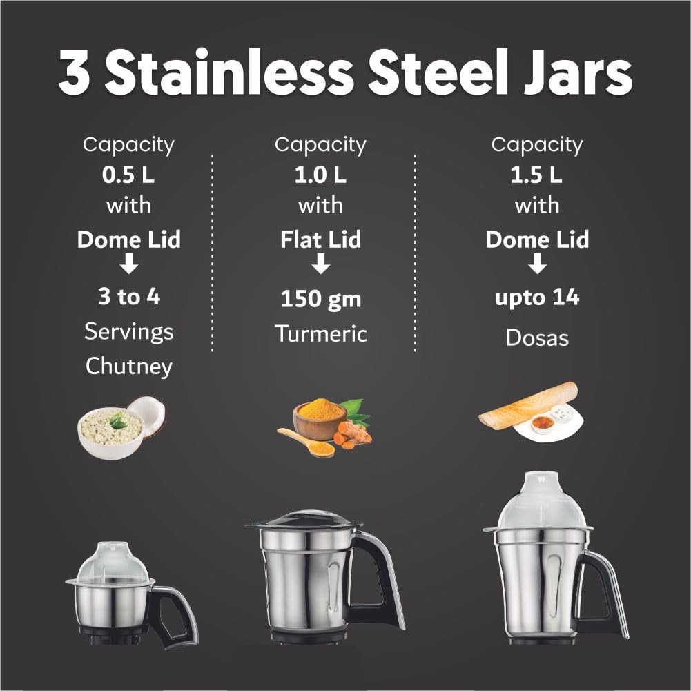 Preethi Steele 110 V MG-206 550 Watt 3 Jars Turbovent Technology 2 years product warranty SilverBlack