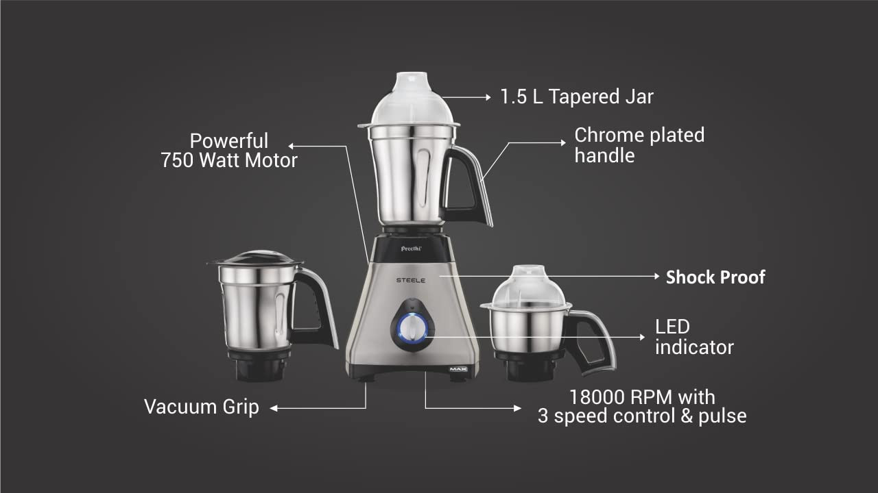 Preethi Steele Max MG-212 Mixer Grinder 750 watt SilverBlack 3 Jars Vega W5 Motor with 2yr Guarantee Lifelong Free Service
