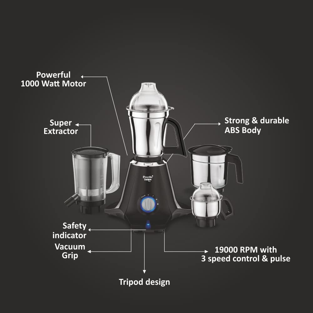 Preethi Taurus Plus MG-257 Mixer Grinder 1000 Watt BlueBlack 4 Jars - Super Extractor Juicer Jar 2 Yr Product Guarantee Lifelong Free ServiceMetal