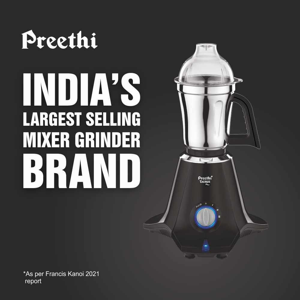 Preethi Taurus Plus MG-257 Mixer Grinder 1000 Watt BlueBlack 4 Jars - Super Extractor Juicer Jar 2 Yr Product Guarantee Lifelong Free ServiceMetal