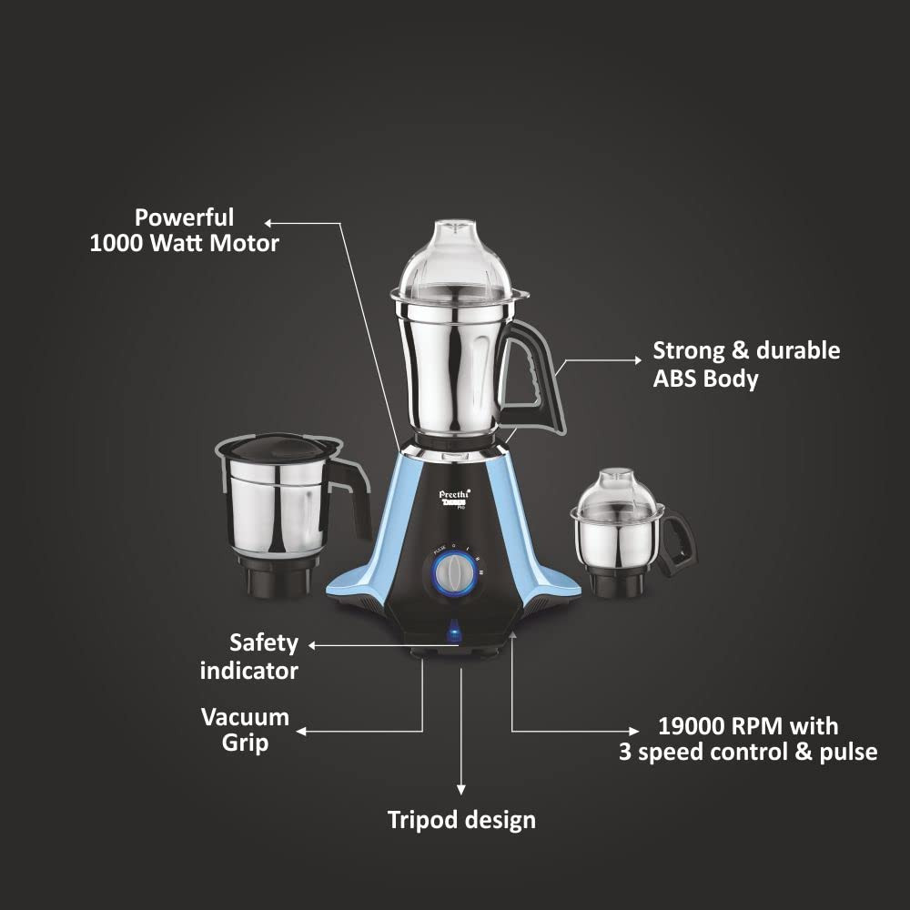Preethi Taurus Pro MG-259 mixer grinder 1000 watt Blue-Black 3 jars 2yr Guarantee Lifelong Free Service