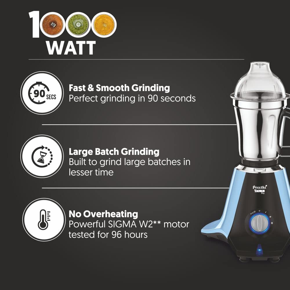 Preethi Taurus Pro MG-259 mixer grinder 1000 watt Blue-Black 3 jars 2yr Guarantee Lifelong Free Service