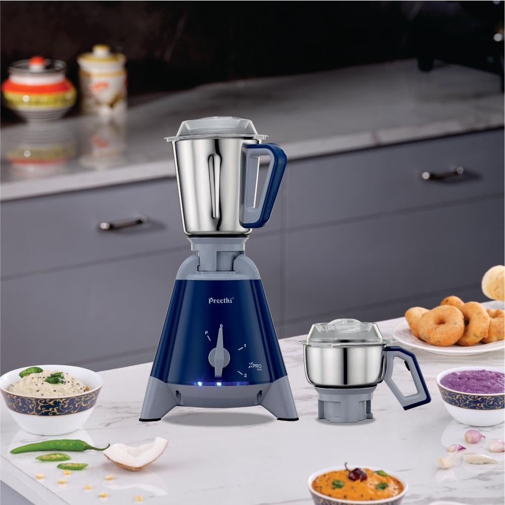 Preethi Xpro Duo MG-198 1300 Watt 2 Jars Tripad metal motor stand Commercial purpose 1 years product warranty Deep Blue