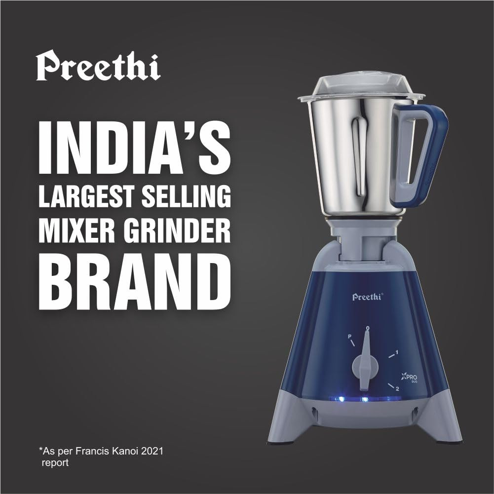 Preethi Xpro Duo MG-198 1300 Watt 2 Jars Tripad metal motor stand Commercial purpose 1 years product warranty Deep Blue