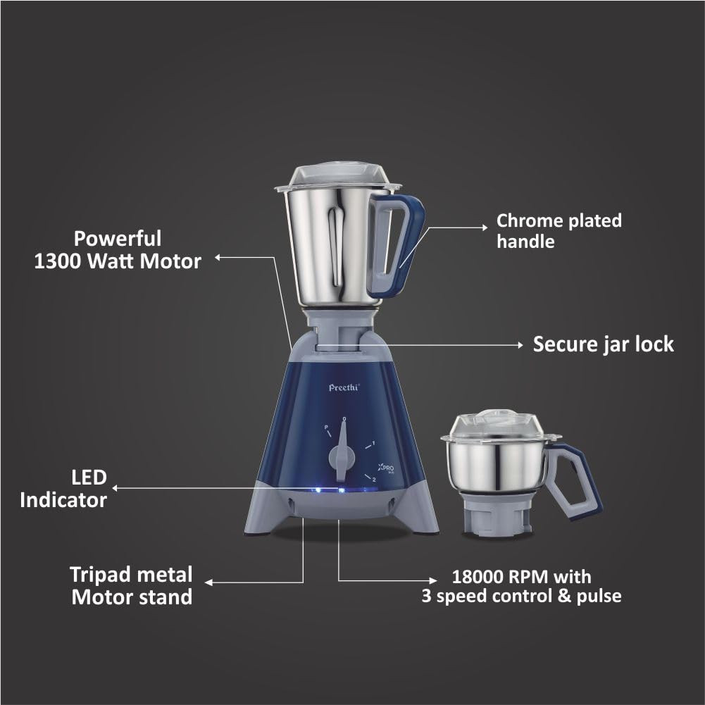 Preethi Xpro Duo MG-198 1300 Watt 2 Jars Tripad metal motor stand Commercial purpose 1 years product warranty Deep Blue