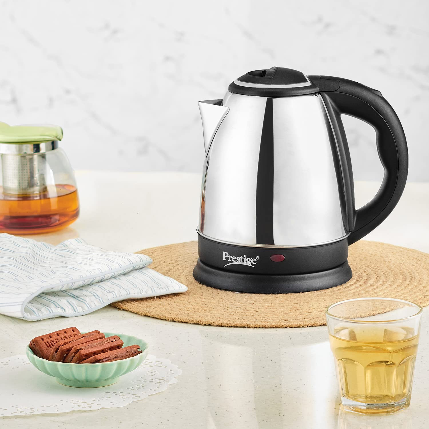 Prestige 15 Litres Electric Kettle PKOSS 151500W Silver - Black Automatic Cut-off Stainless Steel Rotatable Base Power Indicator Single-Touch Lid Locking