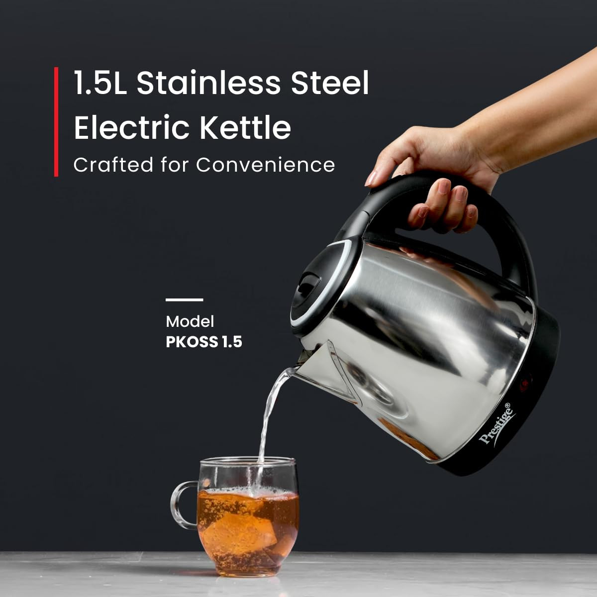 Prestige 15 Litres Electric Kettle PKOSS 151500W Silver - Black Automatic Cut-off Stainless Steel Rotatable Base Power Indicator Single-Touch Lid Locking
