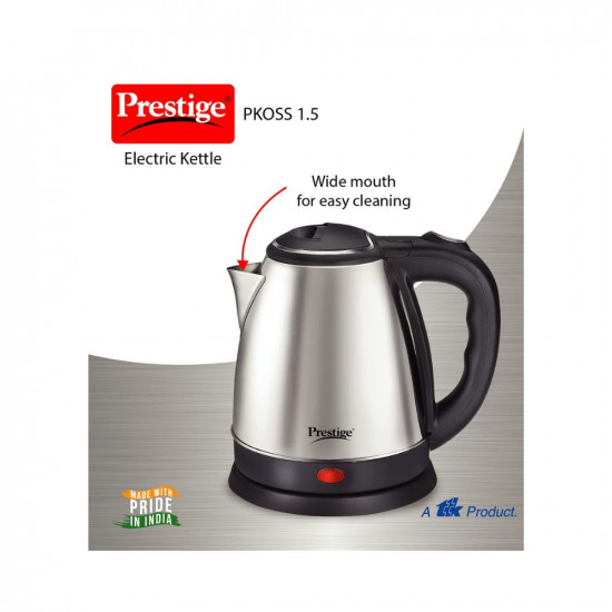 Prestige 15 Litres Electric Kettle PKOSS 151500W Silver - Black Automatic Cut-off Stainless Steel Rotatable Base Power Indicator Single-Touch Lid Locking