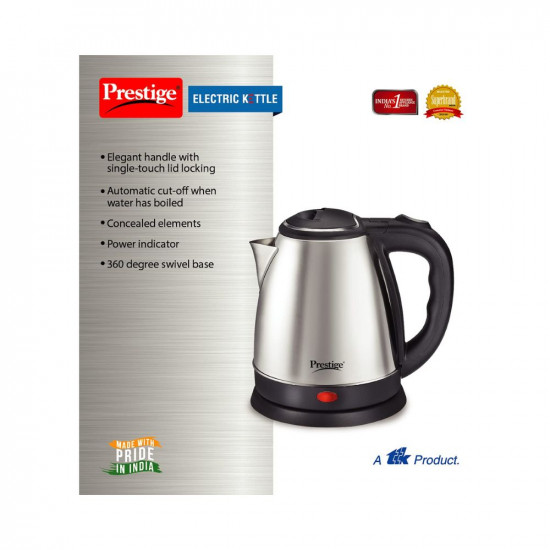 Prestige 15 Litres Electric Kettle PKOSS 151500W Silver - Black Automatic Cut-off Stainless Steel Rotatable Base Power Indicator Single-Touch Lid Locking