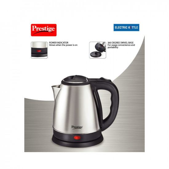 Prestige 15 Litres Electric Kettle PKOSS 151500W Silver - Black Automatic Cut-off Stainless Steel Rotatable Base Power Indicator Single-Touch Lid Locking