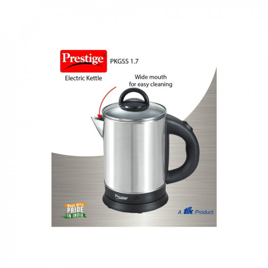 Prestige 17 Litres Electric KettlePKGSS 171500W Silver and Black 17 Litres Stainless Steel Automatic Cut-off Wide Mouth Power Indicator Single-Touch Lid Locking