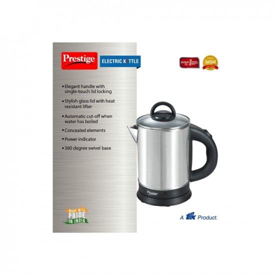 Prestige 17 Litres Electric KettlePKGSS 171500W Silver and Black 17 Litres Stainless Steel Automatic Cut-off Wide Mouth Power Indicator Single-Touch Lid Locking