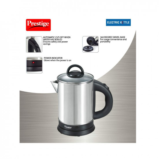 Prestige 17 Litres Electric KettlePKGSS 171500W Silver and Black 17 Litres Stainless Steel Automatic Cut-off Wide Mouth Power Indicator Single-Touch Lid Locking