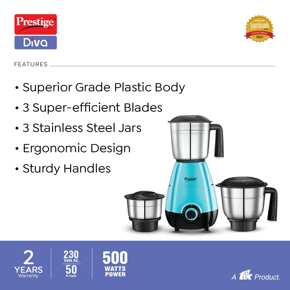 Prestige 500 Watts DIVA Mixer Grinder with 3 stainless Steel Jars3 super efficient blades2 years warrantyBlue  Black