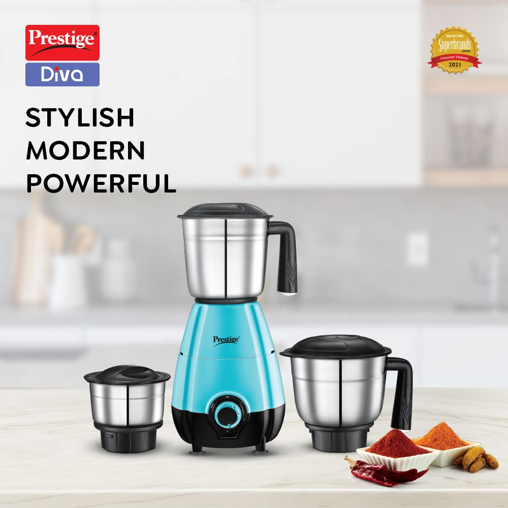 Prestige 500 Watts DIVA Mixer Grinder with 3 stainless Steel Jars3 super efficient blades2 years warrantyBlue  Black