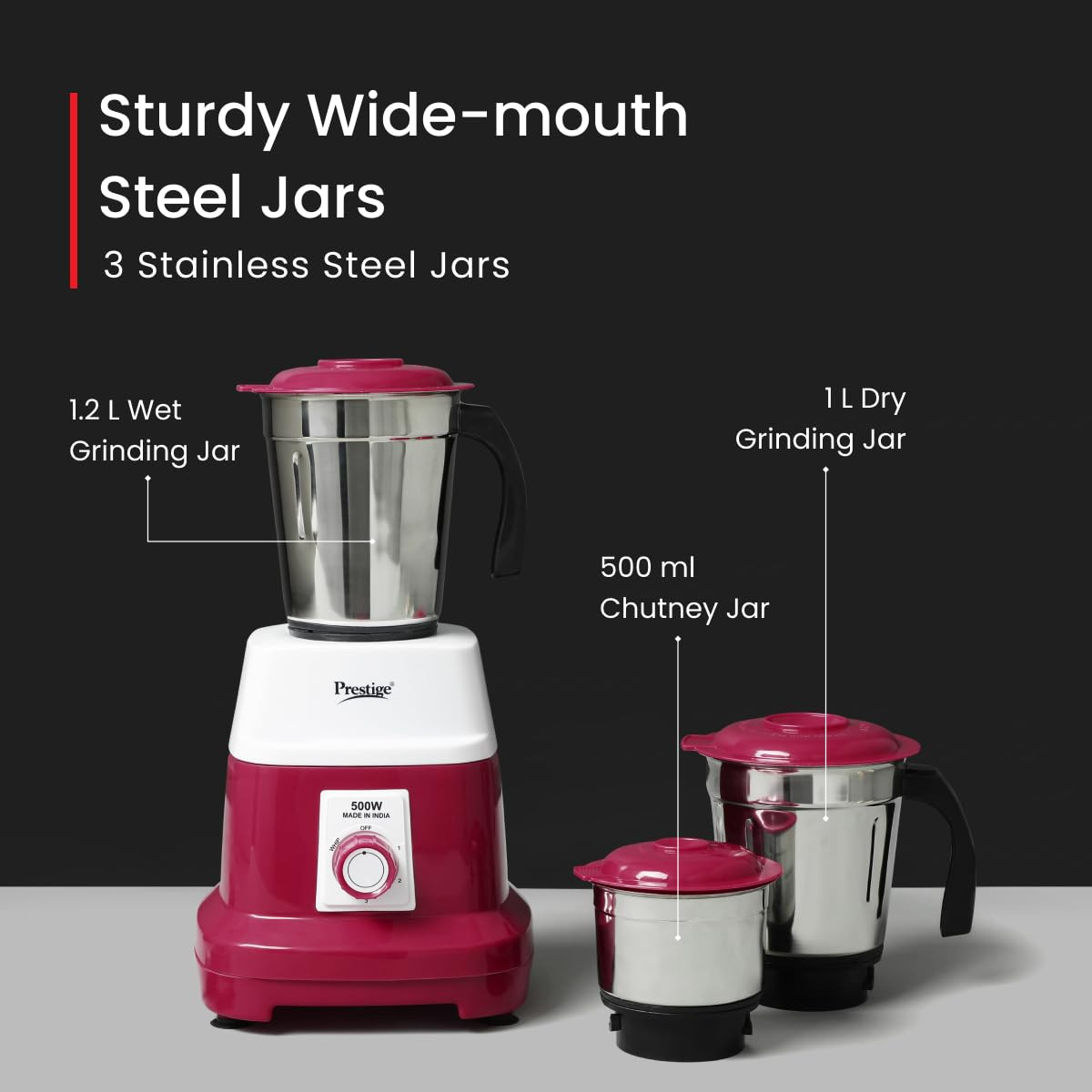 Prestige 500 Watts Orion Mixer Grinder with 3 Stainless Steel Jars 2 years warranty Red White