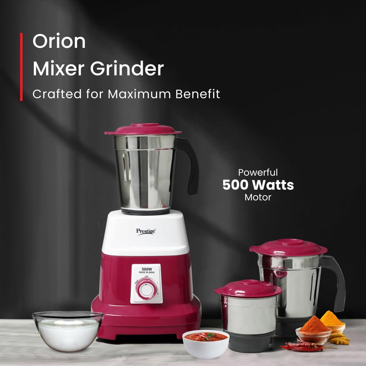 Prestige 500 Watts Orion Mixer Grinder with 3 Stainless Steel Jars 2 years warranty Red White