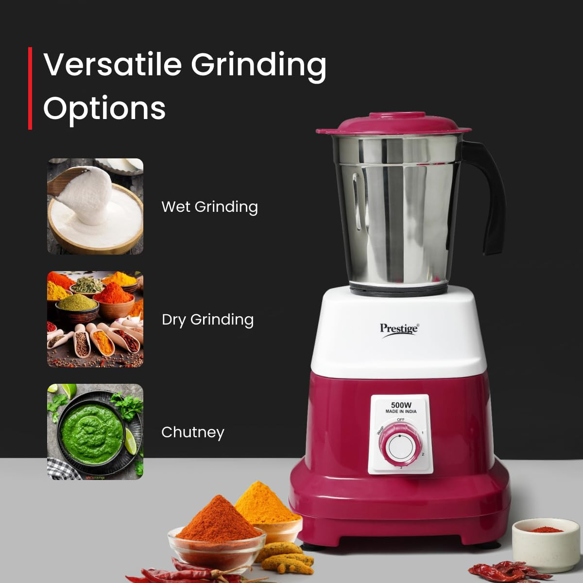 Prestige 500 Watts Orion Mixer Grinder with 3 Stainless Steel Jars 2 years warranty Red White