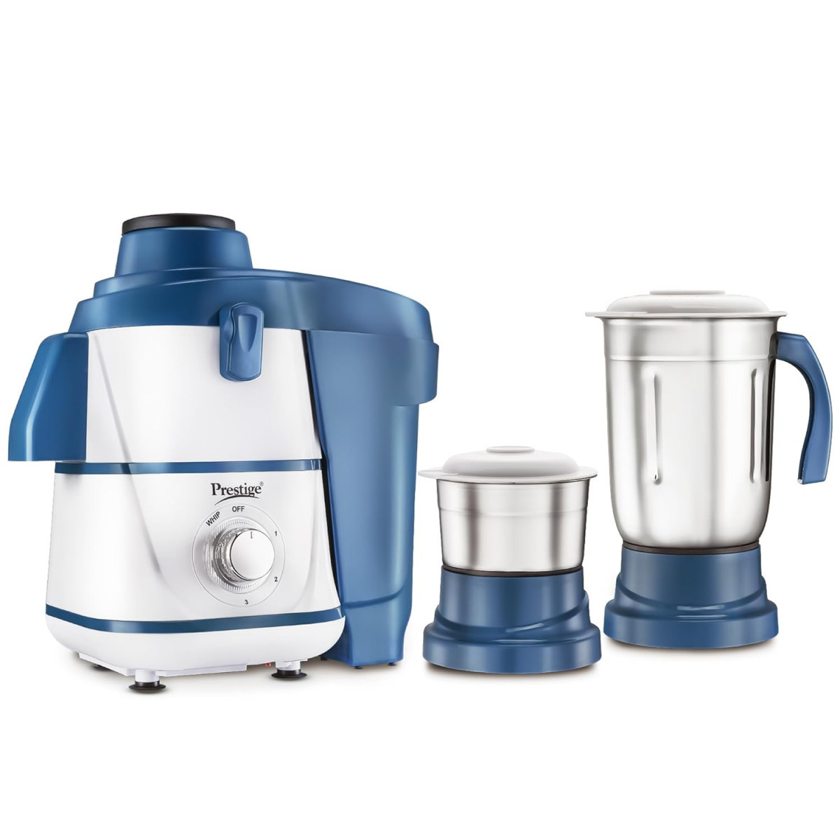 Prestige Breeze 500W Juicer Mixer Grinder With 2 Stainless Steel JarsDetachable Pulp CollectorDouble Lock SystemEfficient Stainless Steel SieveJuice OutletBlue White