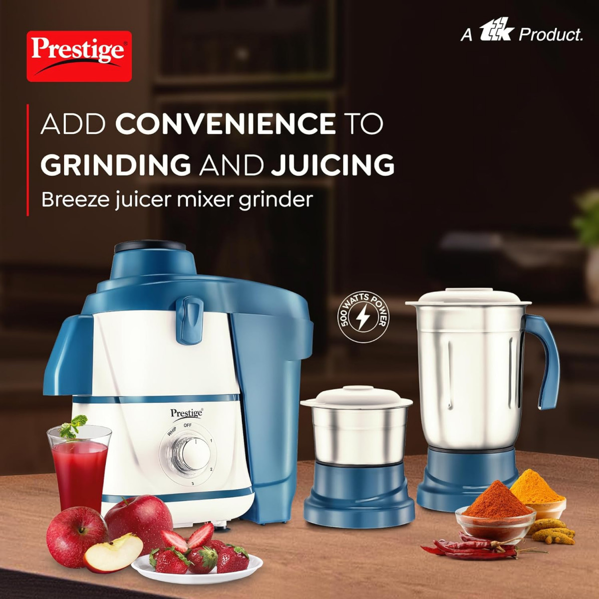 Prestige Breeze 500W Juicer Mixer Grinder With 2 Stainless Steel JarsDetachable Pulp CollectorDouble Lock SystemEfficient Stainless Steel SieveJuice OutletBlue White