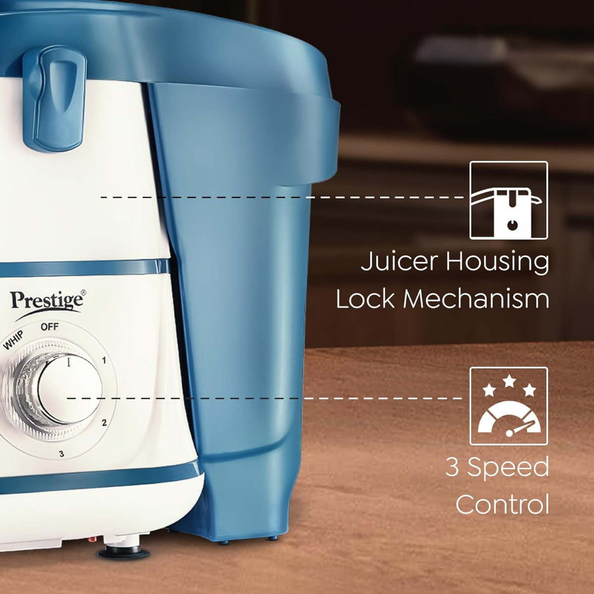 Prestige Breeze 500W Juicer Mixer Grinder With 2 Stainless Steel JarsDetachable Pulp CollectorDouble Lock SystemEfficient Stainless Steel SieveJuice OutletBlue White