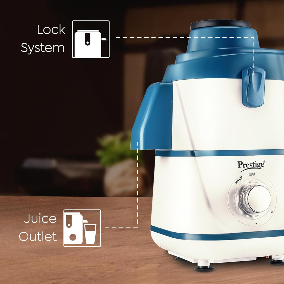Prestige Breeze 500W Juicer Mixer Grinder With 2 Stainless Steel JarsDetachable Pulp CollectorDouble Lock SystemEfficient Stainless Steel SieveJuice OutletBlue White