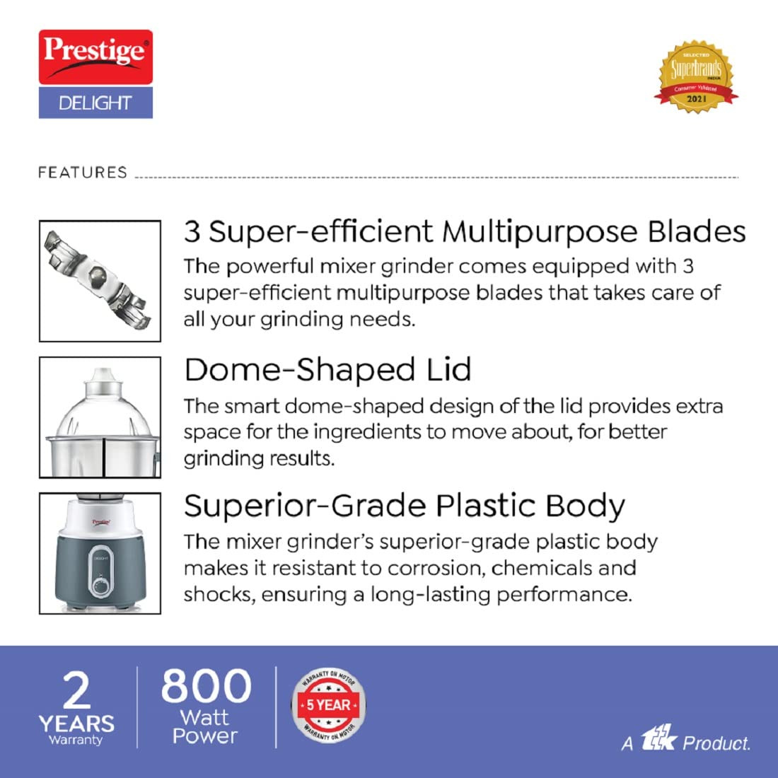 Prestige Delight Mixer Grinder 750 W With 3 Stainless Steel Jars