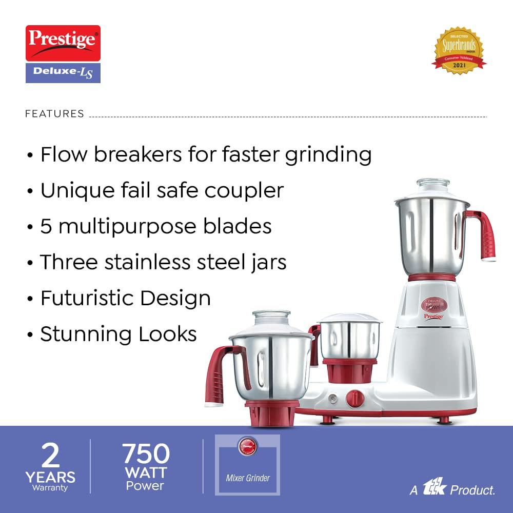 Prestige Deluxe LS 750-Watt Mixer Grinder White and Red