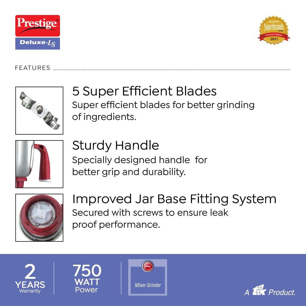 Prestige Deluxe LS 750-Watt Mixer Grinder White and Red