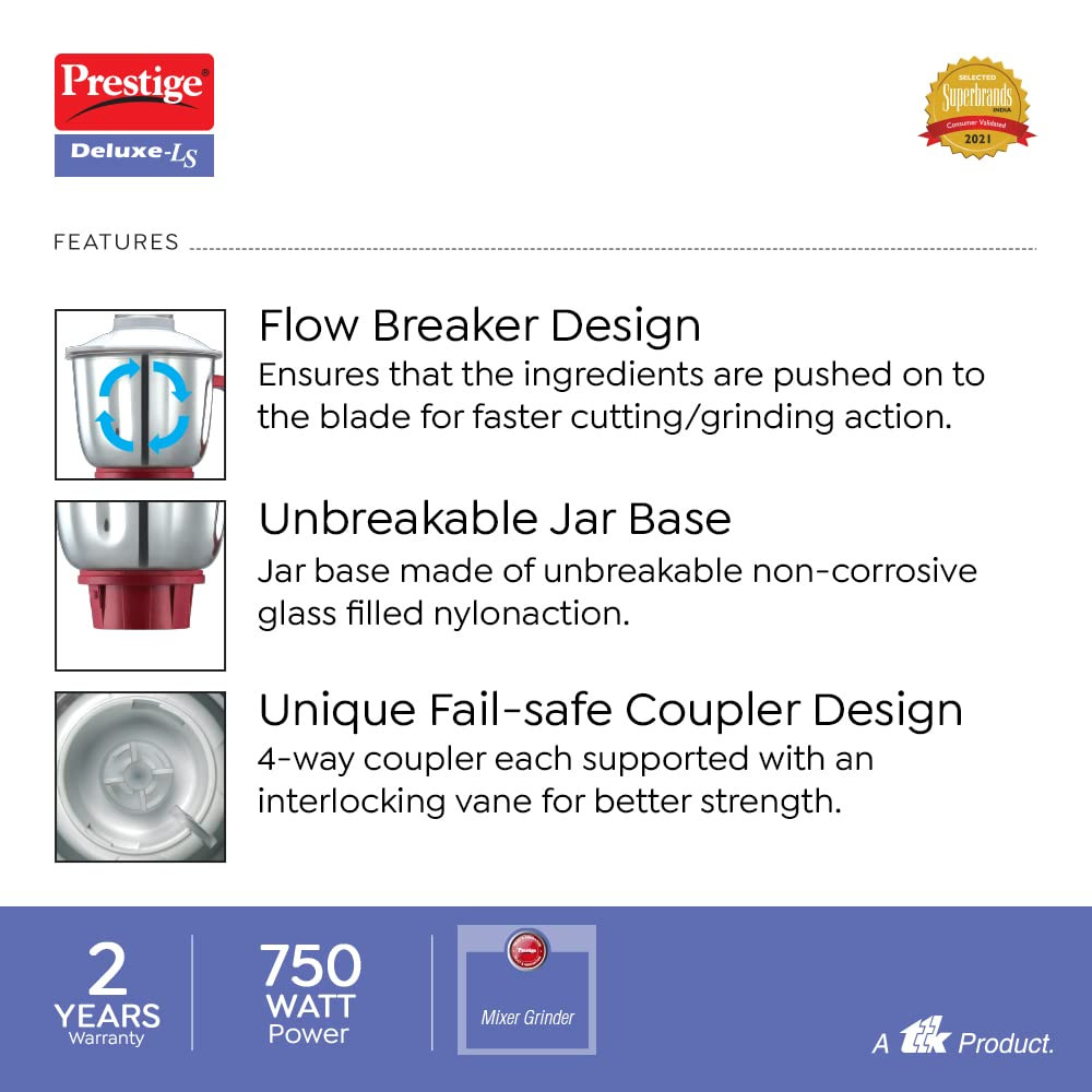 Prestige Deluxe LS 750-Watt Mixer Grinder White and Red
