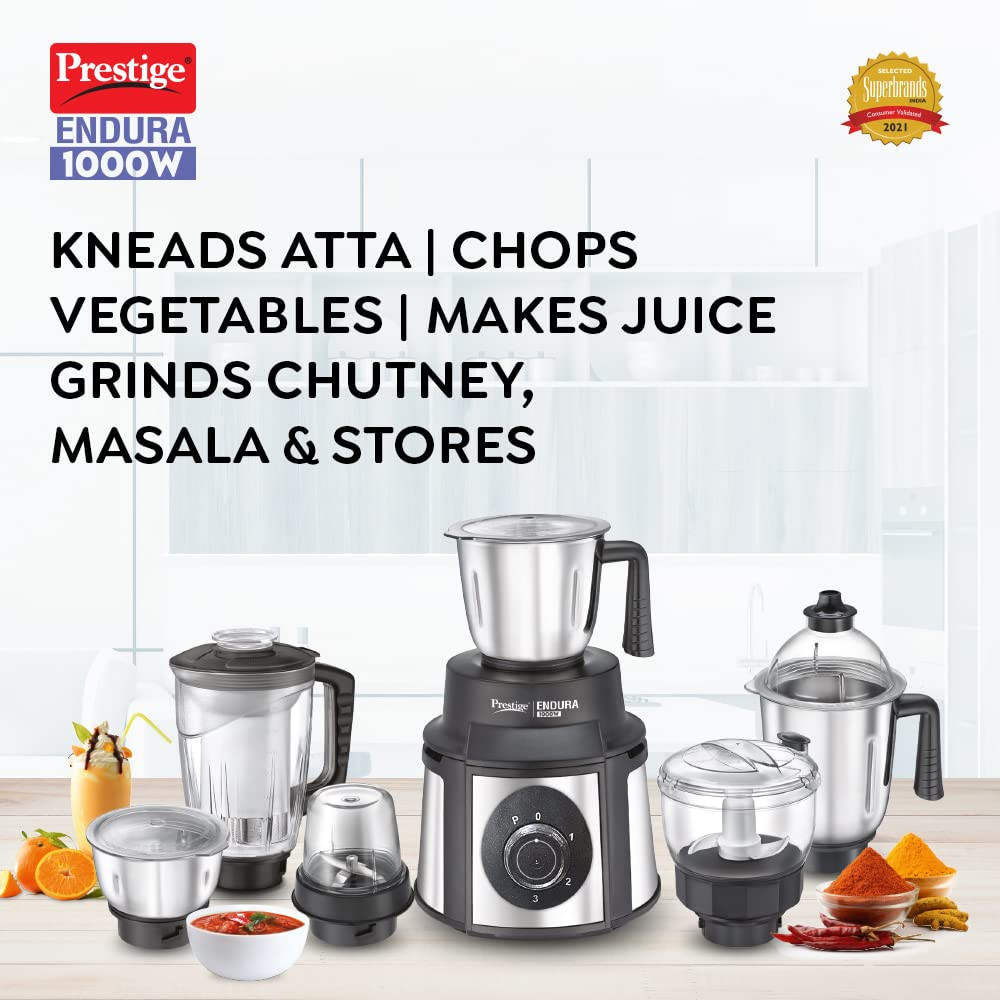 Prestige Endura 1000W Mixer Grinder 6 Jars 1500 ml 1000 ml 1500 ml 450 ml Black Silver