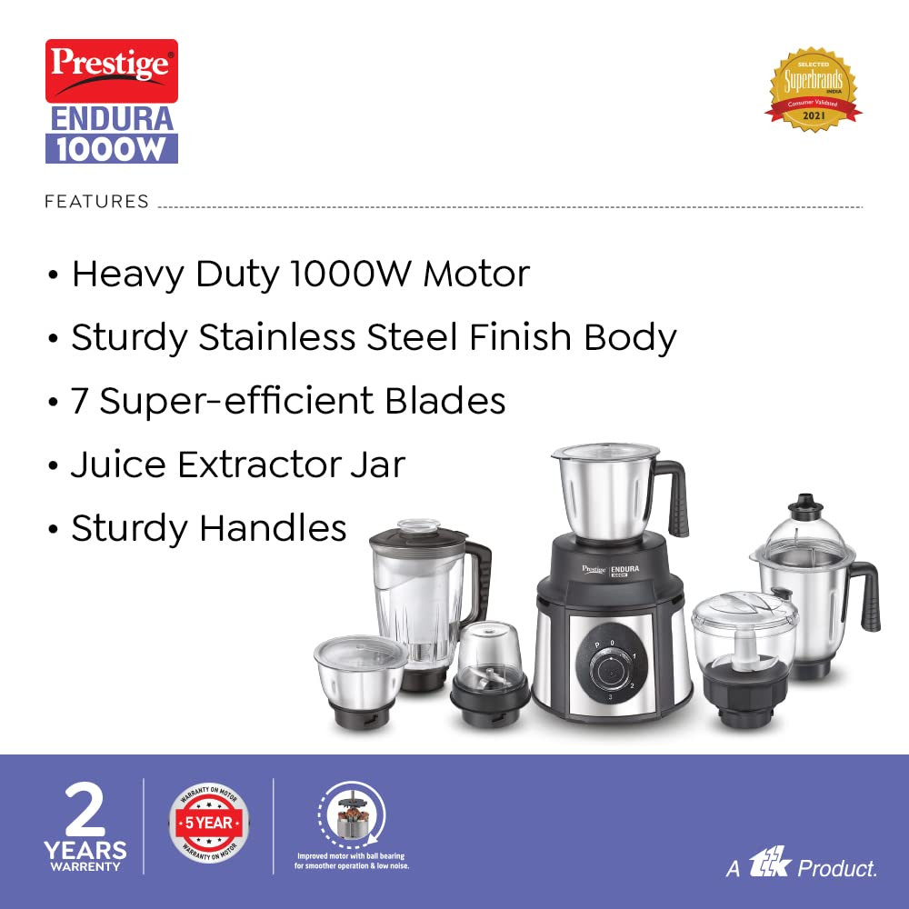 Prestige Endura 1000W Mixer Grinder 6 Jars 1500 ml 1000 ml 1500 ml 450 ml Black Silver