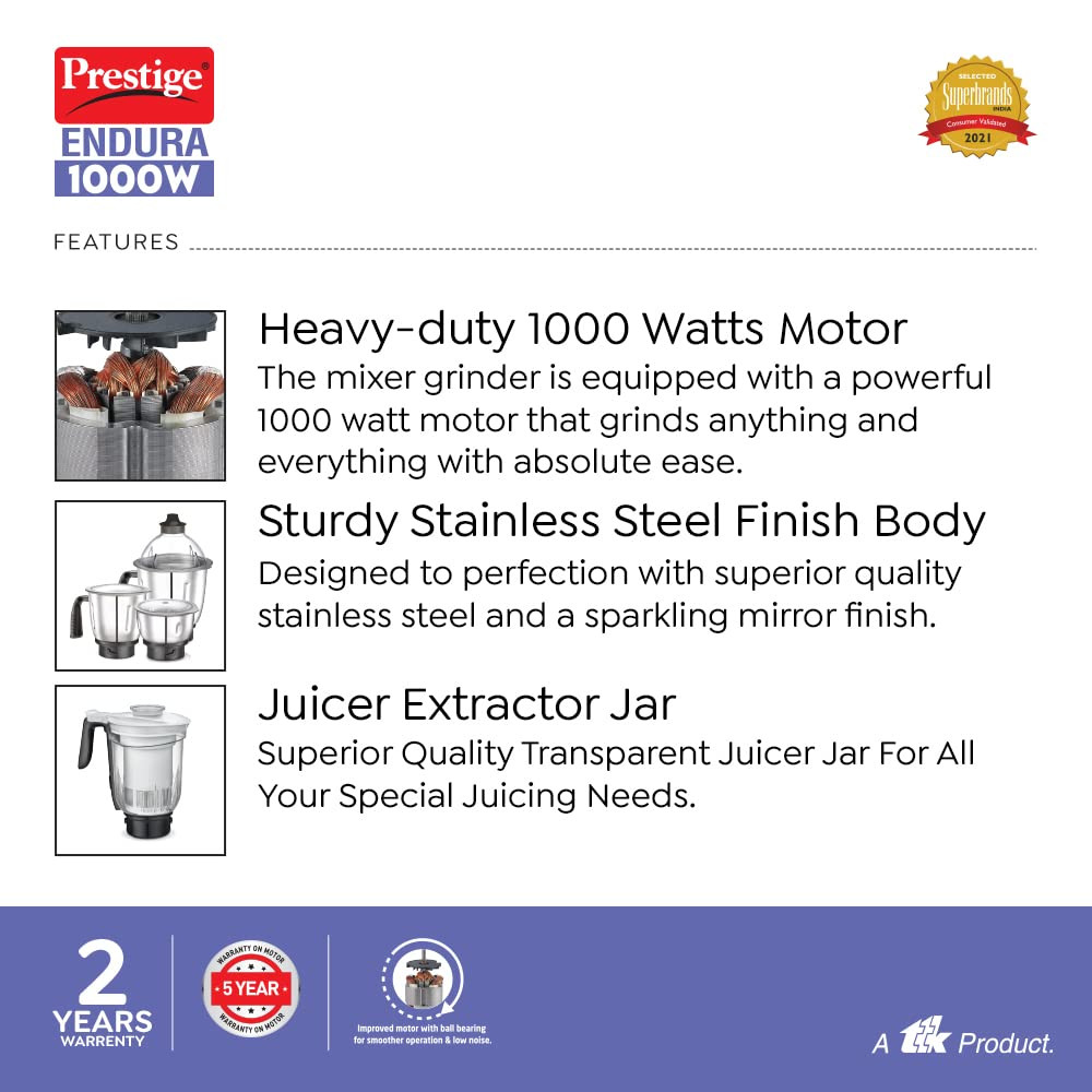 Prestige Endura 1000W Mixer Grinder 6 Jars 1500 ml 1000 ml 1500 ml 450 ml Black Silver