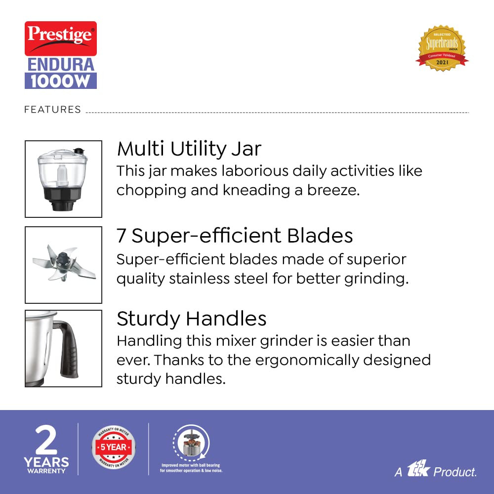 Prestige Endura 1000W Mixer Grinder 6 Jars 1500 ml 1000 ml 1500 ml 450 ml Black Silver