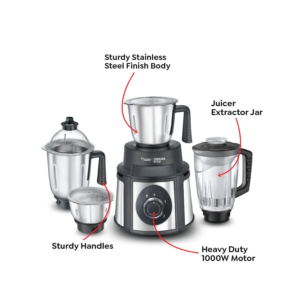 Prestige Endura 1000W Mixer Grinder with Ball Bearing TechnologyStainless Steel 4 Jars Black Silver