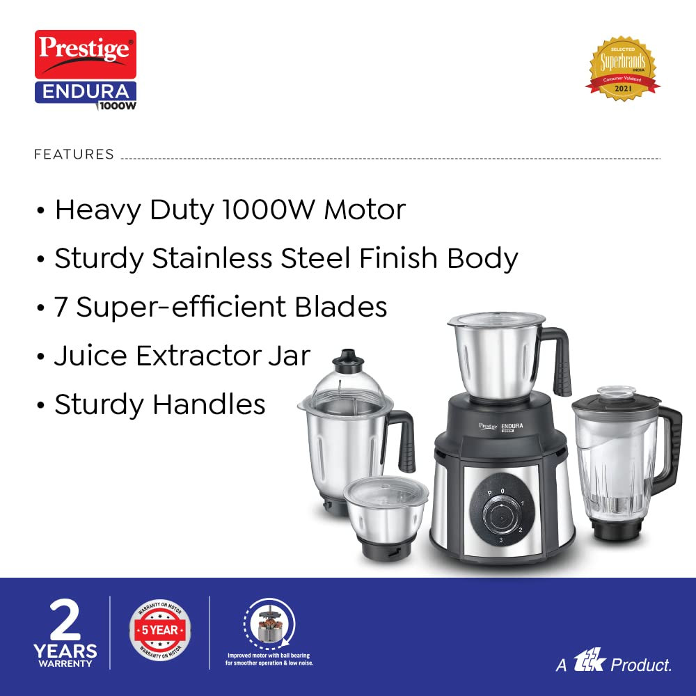 Prestige Endura 1000W Mixer Grinder with Ball Bearing TechnologyStainless Steel 4 Jars Black Silver