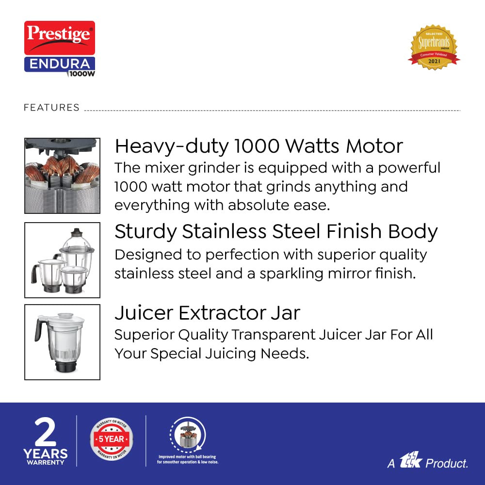 Prestige Endura 1000W Mixer Grinder with Ball Bearing TechnologyStainless Steel 4 Jars Black Silver