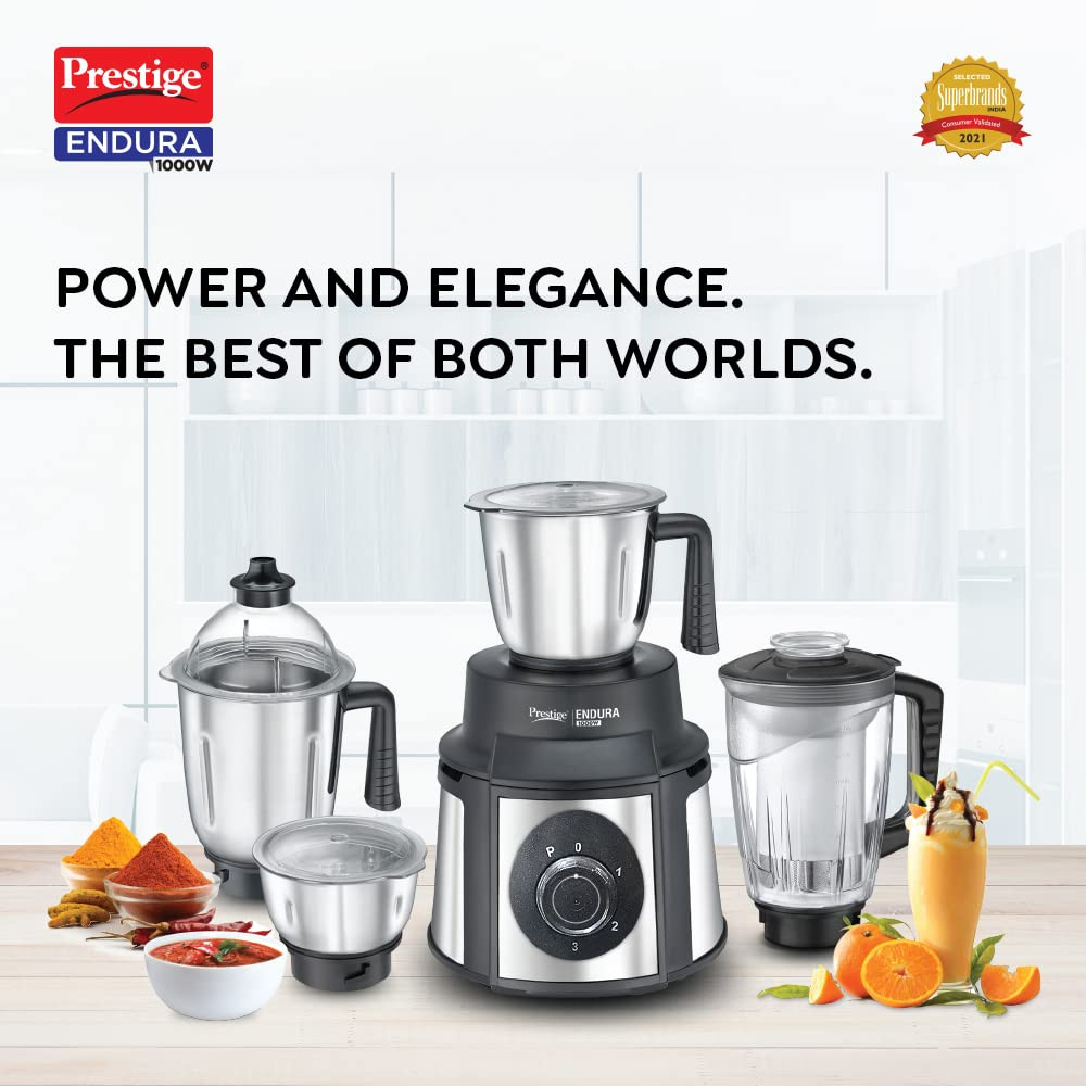 Prestige Endura 1000W Mixer Grinder with Ball Bearing TechnologyStainless Steel 4 Jars Black Silver