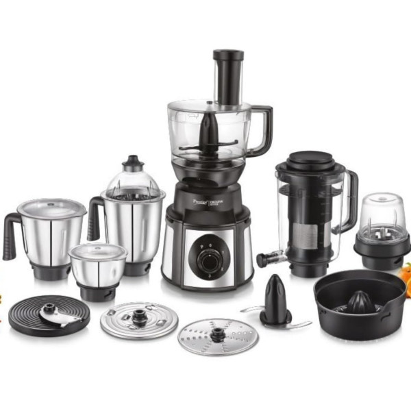 Image of Prestige Endura Pro 1000W Multi Functional Mixer Grinder with Ball Bearing Technology|6 Jars with food processing attachments |14 different functionalities|Black &amp; Silver