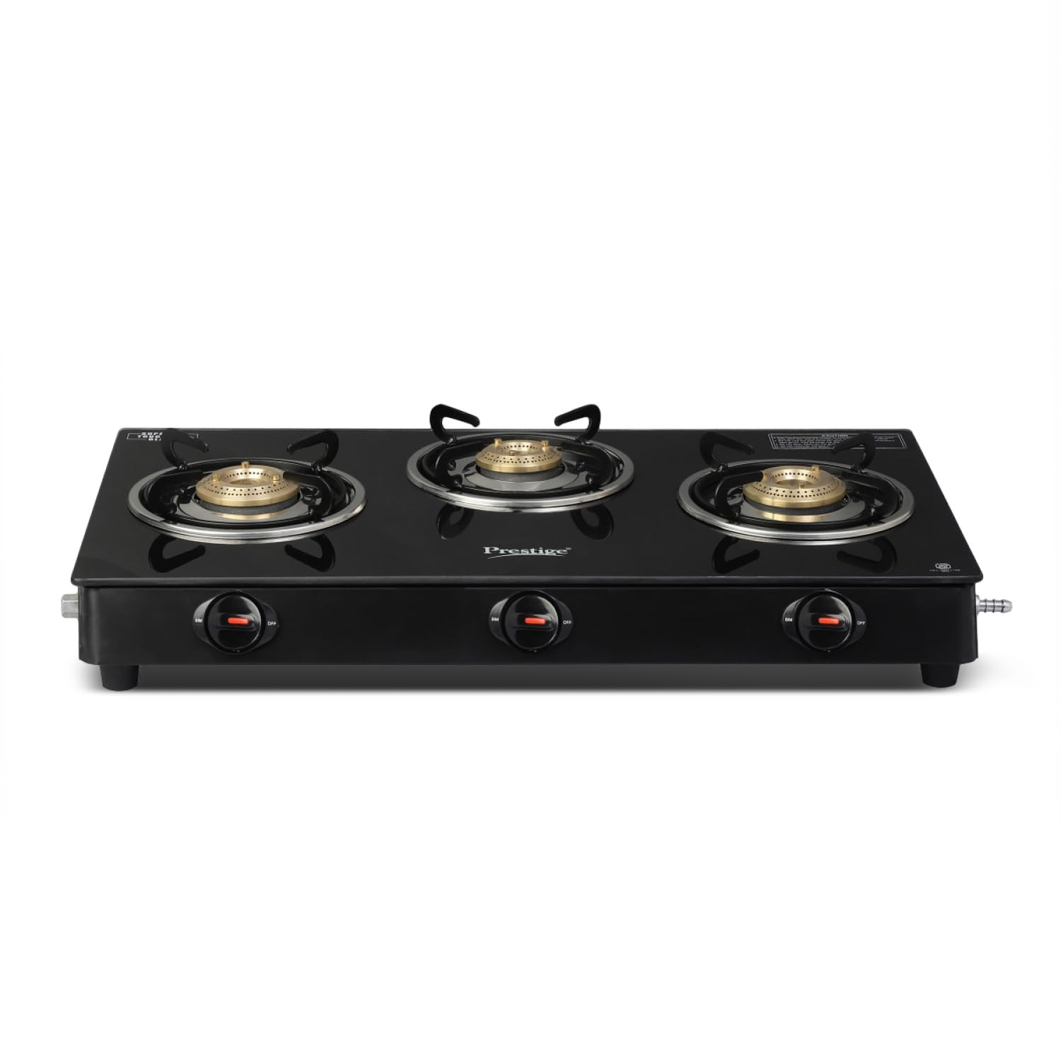 Prestige Iris 3 Burner Gas Stove  Toughened Glass Top  Tri-Pin Brass Burners  Ergonomic Knob  Black  2Y Warranty  ISI Certified