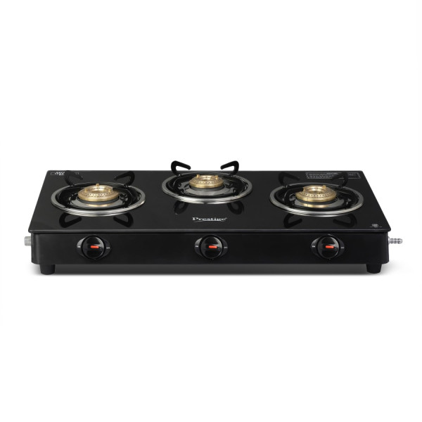 Image of Prestige Iris 3 Burner Gas Stove | Toughened Glass Top | Tri-Pin Brass Burners | Ergonomic Knob | Black | 2Y Warranty | ISI Certified