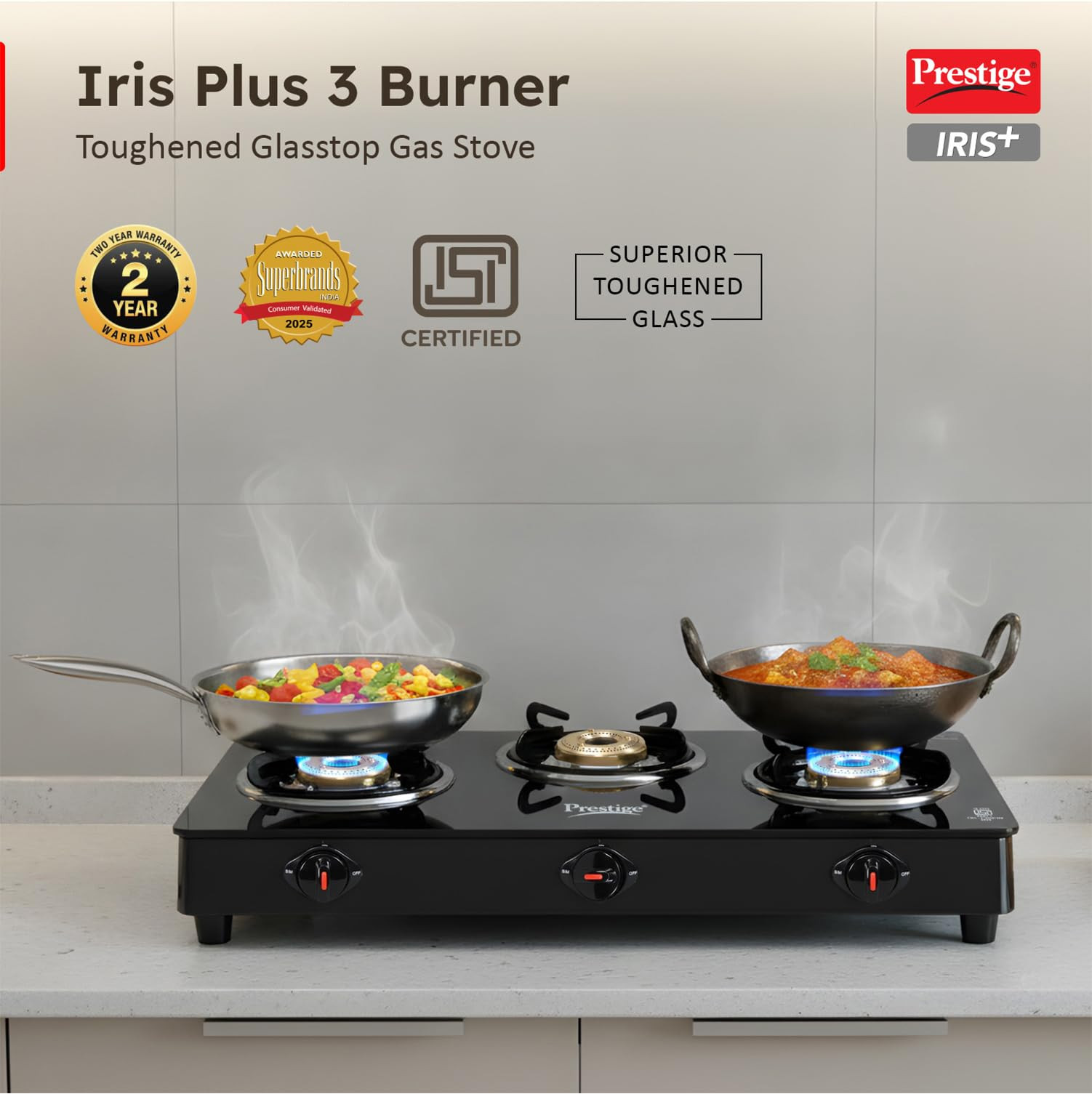 Prestige Iris 3 Burner Gas Stove Toughened Glass Top Tri-Pin Brass Burners Ergonomic Knob Black 2Y Warranty ISI Certified