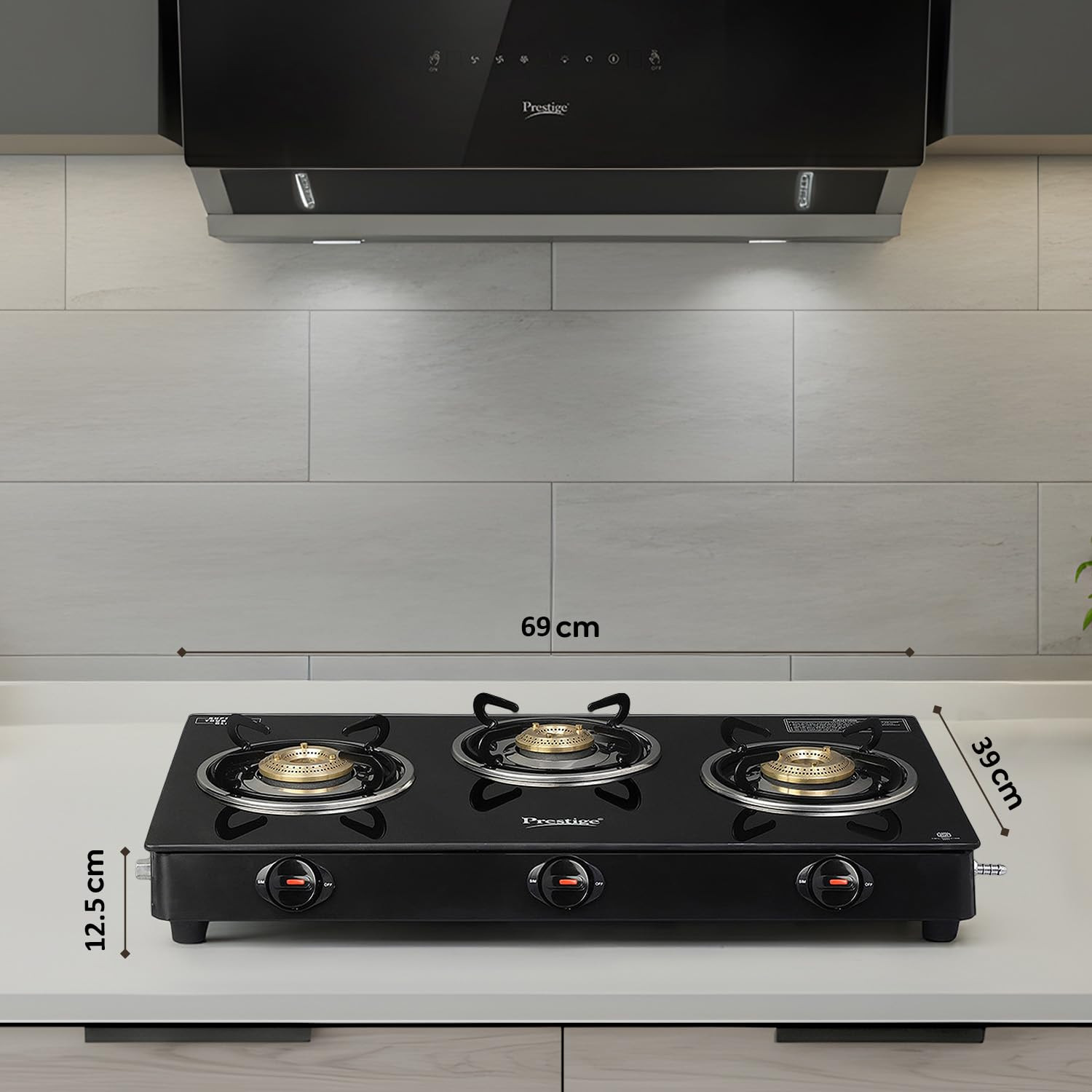 Prestige Iris 3 Burner Gas Stove  Toughened Glass Top  Tri-Pin Brass Burners  Ergonomic Knob  Black  2Y Warranty  ISI Certified