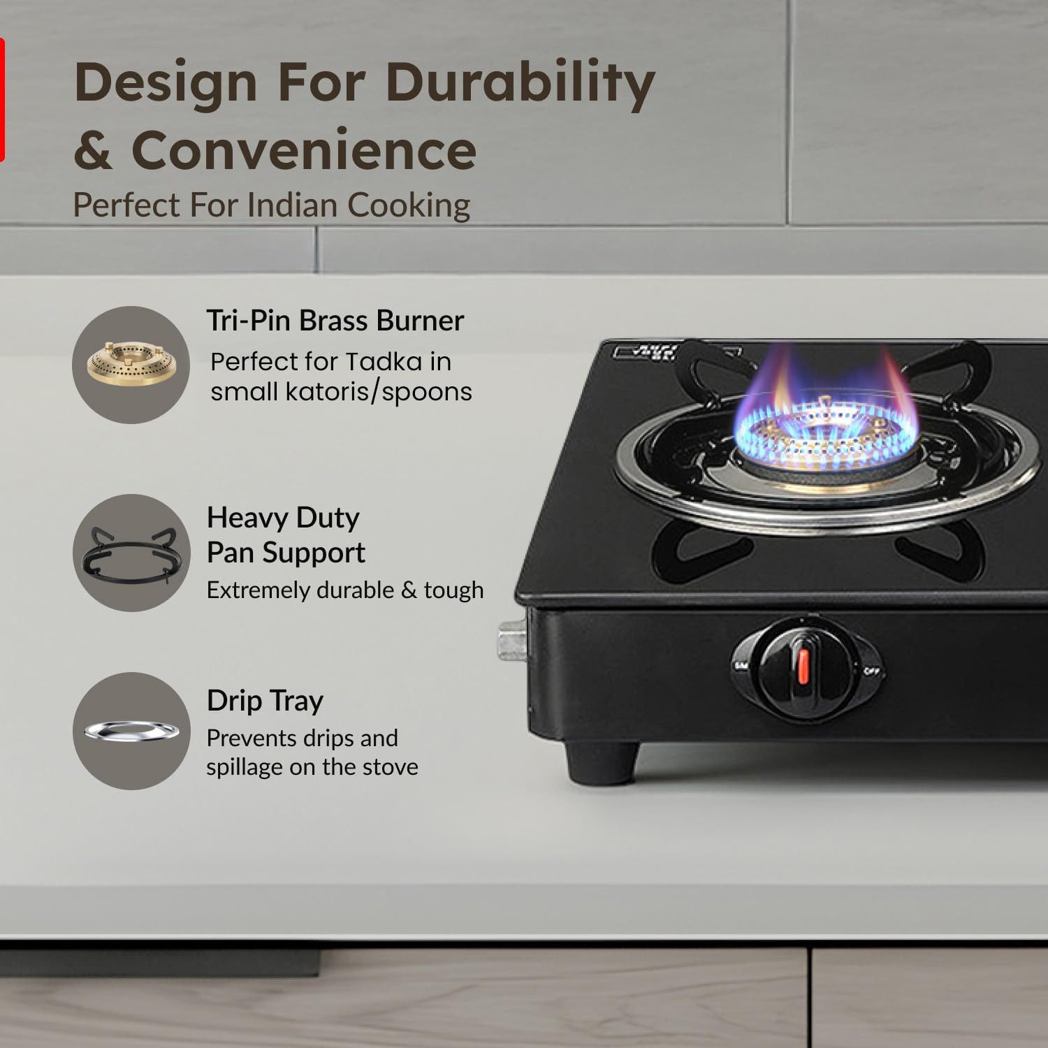 Prestige Iris 3 Burner Gas Stove  Toughened Glass Top  Tri-Pin Brass Burners  Ergonomic Knob  Black  2Y Warranty  ISI Certified