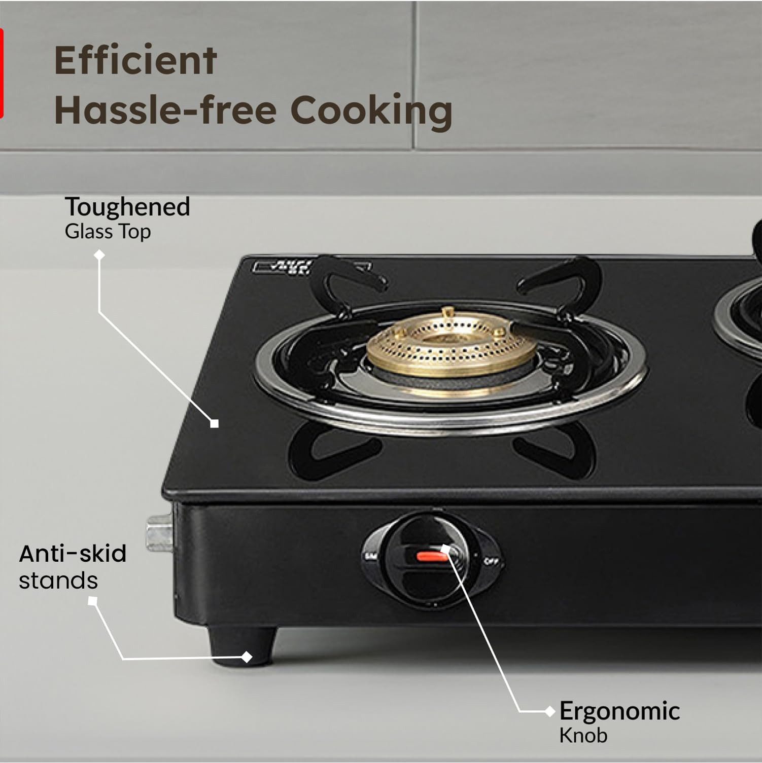 Prestige Iris 3 Burner Gas Stove Toughened Glass Top Tri-Pin Brass Burners Ergonomic Knob Black 2Y Warranty ISI Certified