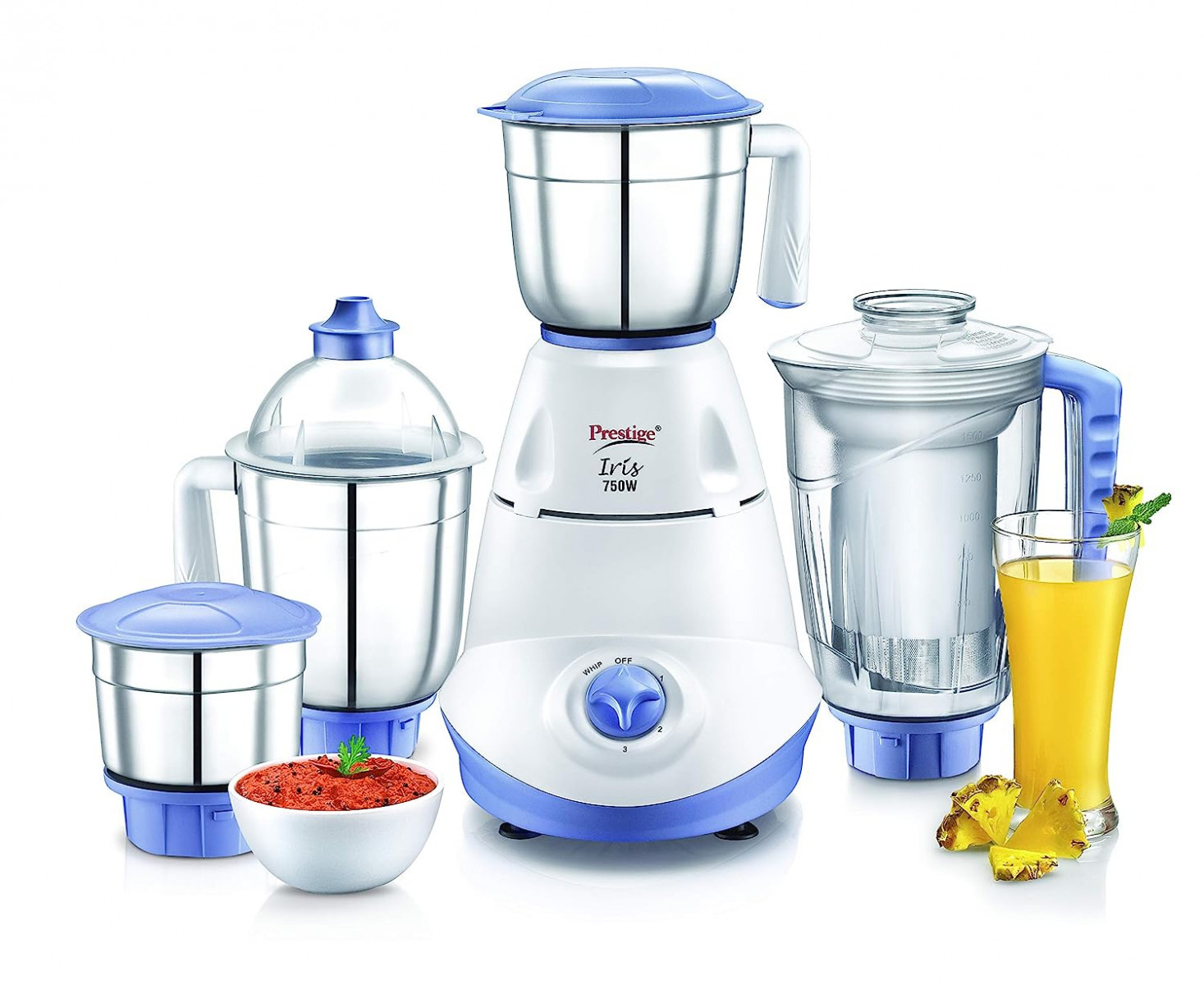 Prestige Iris 750 Watt Mixer Grinder with 3 Stainless Steel Jar 1 Juicer Jar White and Blue