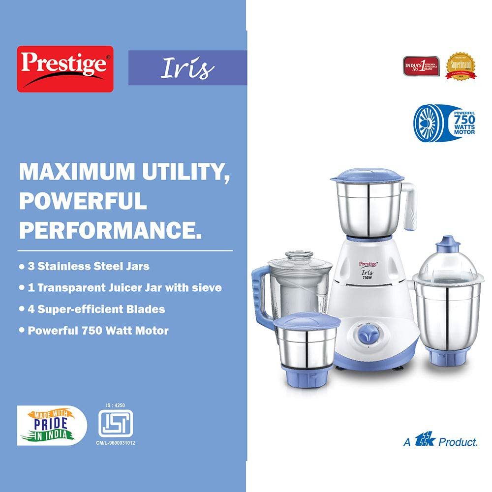 Prestige Iris 750 Watt Mixer Grinder with 3 Stainless Steel Jar 1 Juicer Jar White and Blue