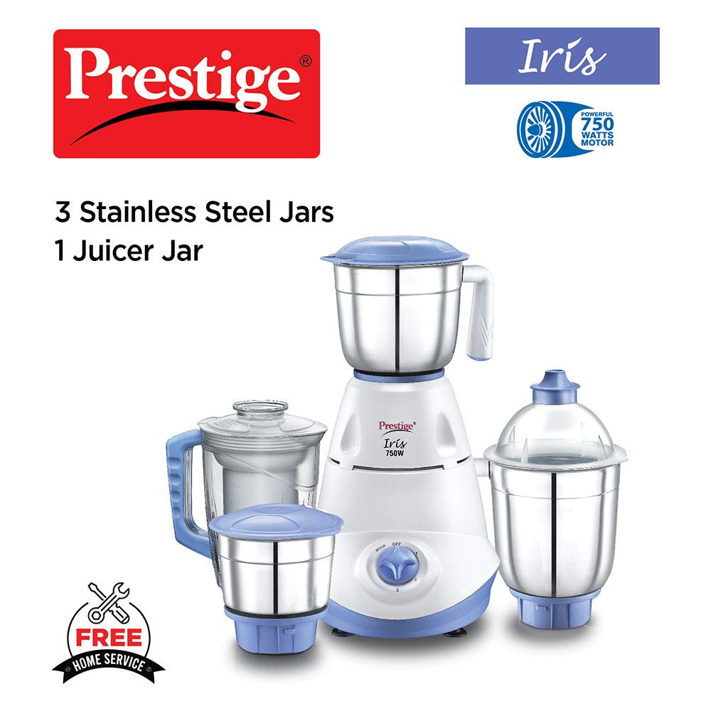 Prestige Iris 750 Watt Mixer Grinder with 3 Stainless Steel Jar 1 Juicer Jar White and Blue